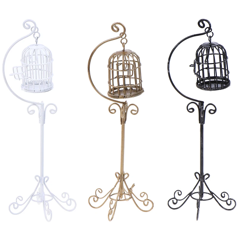 

1:12 Mini Dollhouse Metal Bird Cage Model With Holder Alloy Miniature Decorations Modern Home Room Crafts 3 Colors
