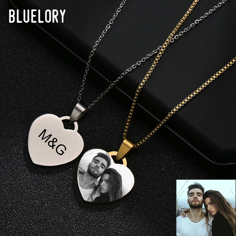 Bluelory de corazón de acero inoxidable con grabado láser para amantes, fotos con nombre, familia y amigo, joyería personalizada única|Personalizado Collares| - AliExpress