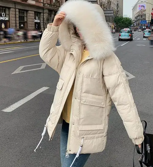 Зимняя куртка для девочек-подростков свободная парка, пальто для девочек, пуховая детская одежда из хлопка, теплая плотная верхняя одежда с капюшоном для девочек 12-18 лет - Цвет: Бежевый