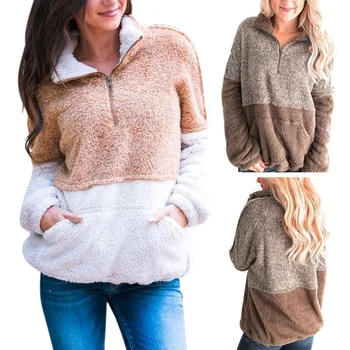

Women Fashion Sweater Color Matching High Collar Long Sleeve Zipper Coat Casual Warm Winter Autumn Loose Tops
