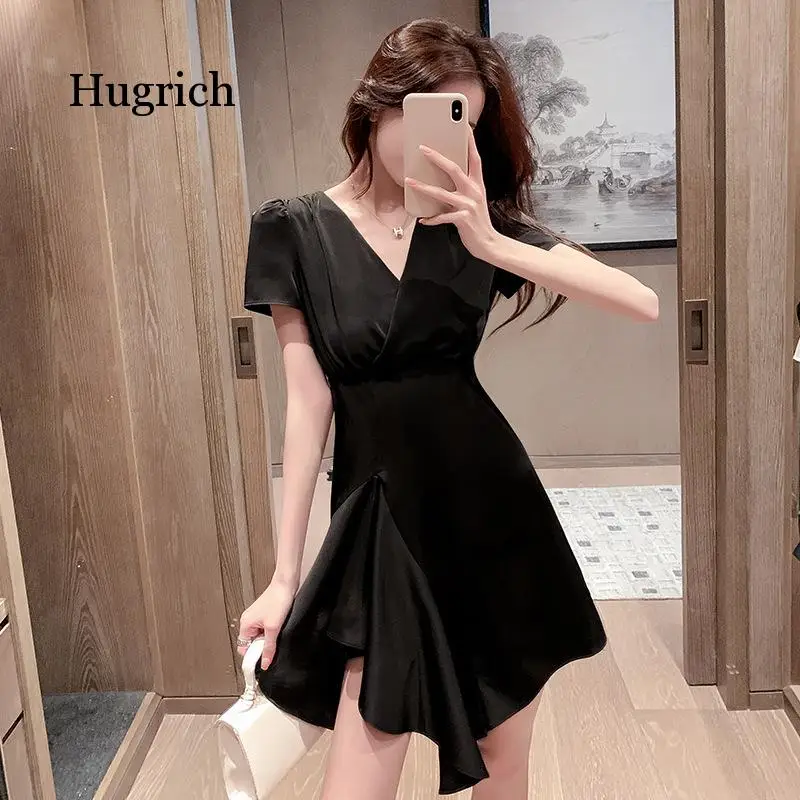 

Summer New Style French Foreign Style V-Neck Irregular Short Sleeve Dress Women's Sweet