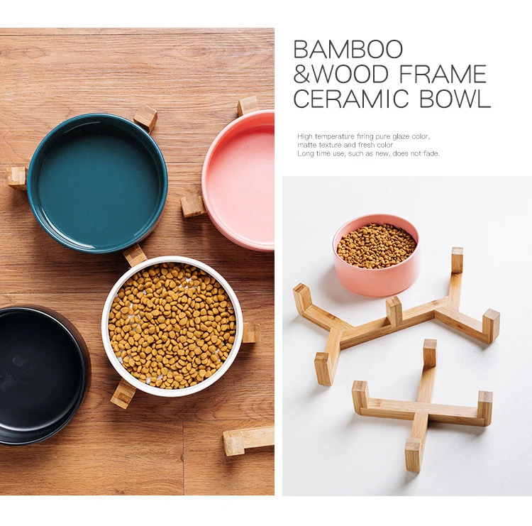 Ceramic Dog Bowls with Wooden Stand