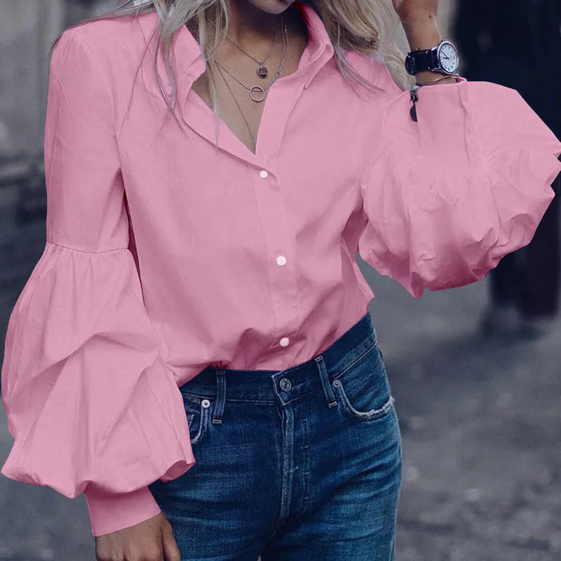 Женские блузки с длинными пышными рукавами, новинка, осенние Рубашки на пуговицах, повседневные, свободные, одноцветные, элегантные, вечерние, топы размера плюс, Blusas Femininas - Цвет: Розовый