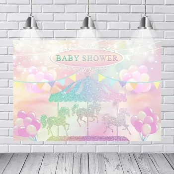 

Photography Backdrops Welcome Silver Pink Carousel Horse Baby Shower Custom Photo Background Backdrop Vinyl