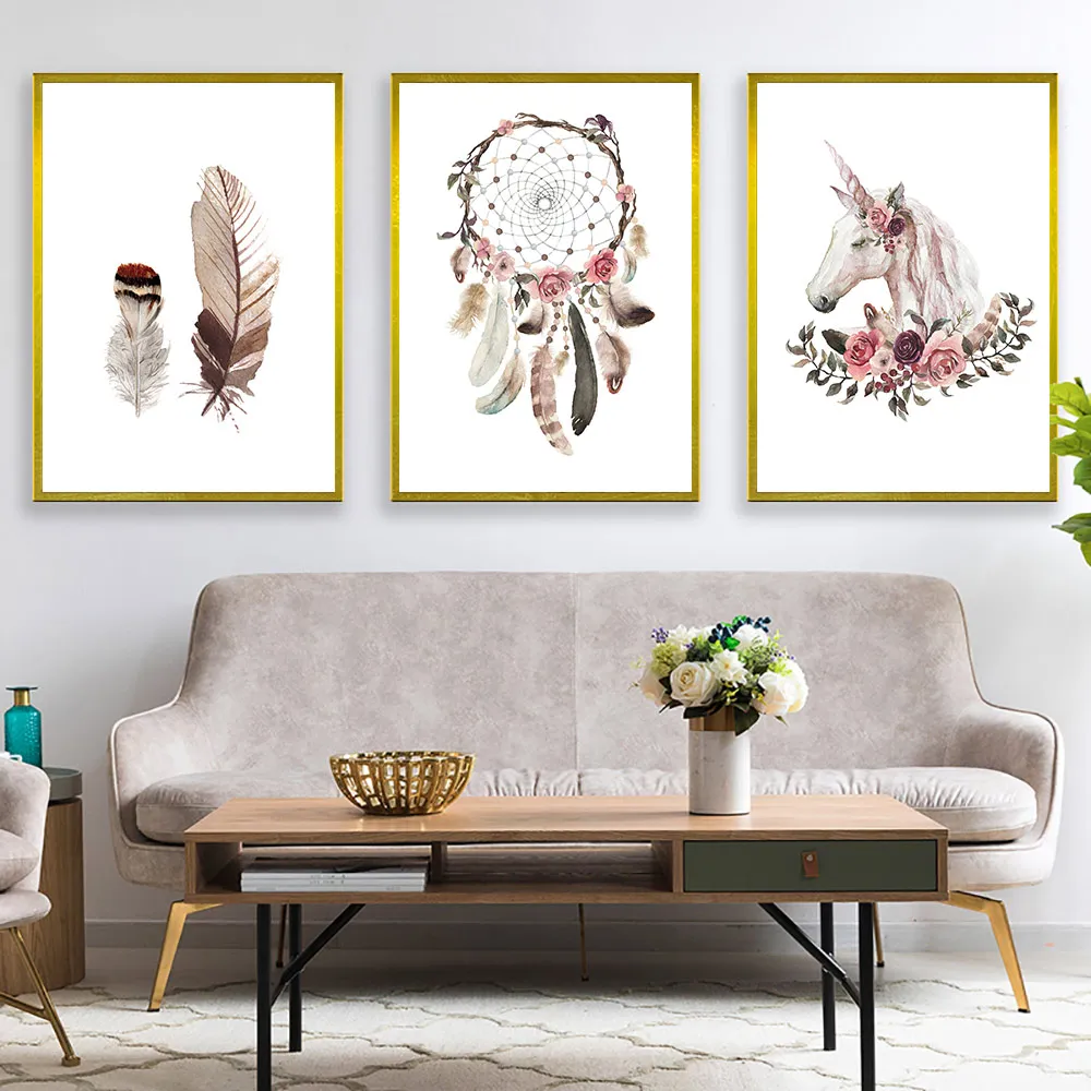 Перо лошадь Ловец снов плакаты и принты винтажная печать живопись нордический