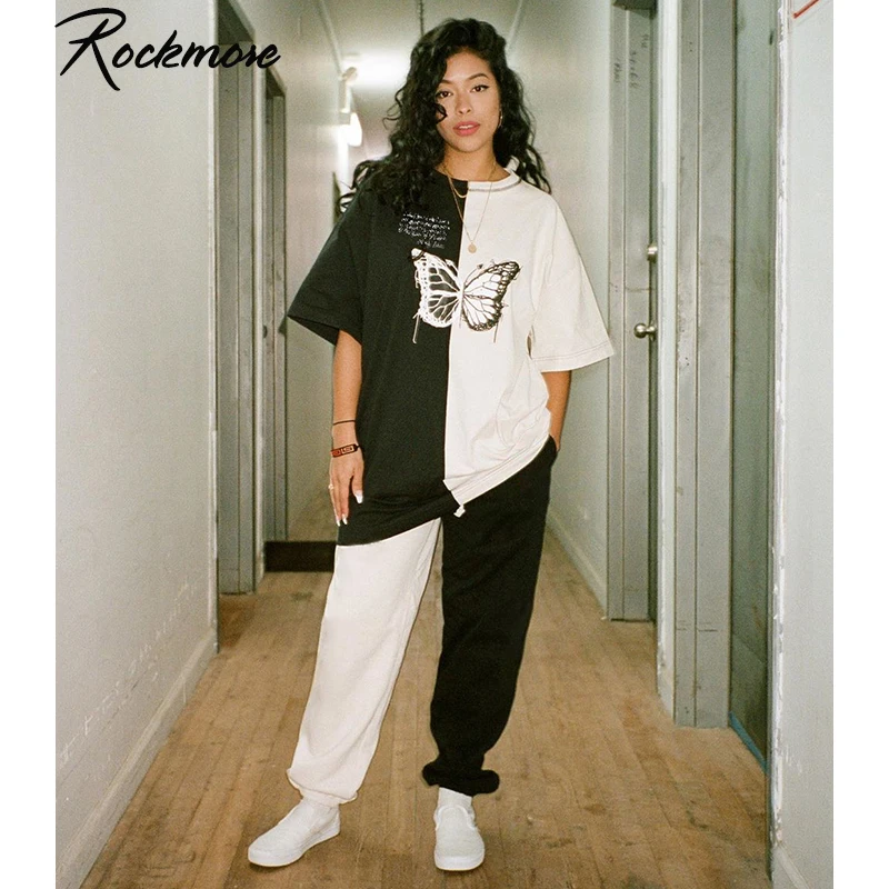 Rockmore-Camisetas informales grandes para mujer, ropa informal con estampado de mariposas, de manga y cuello redondo, de contrastantes AliExpress