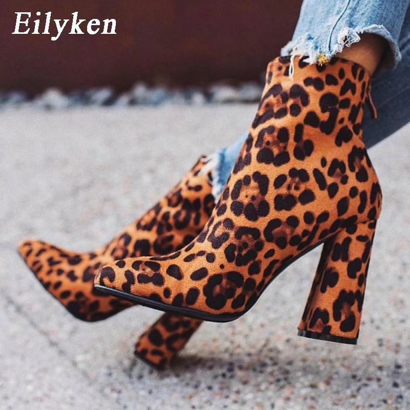 EilyKen/ г., женские ботильоны для стриптиза осенние леопардовые ботинки на высоком каблуке обувь на массивном каблуке размера плюс 41, 42