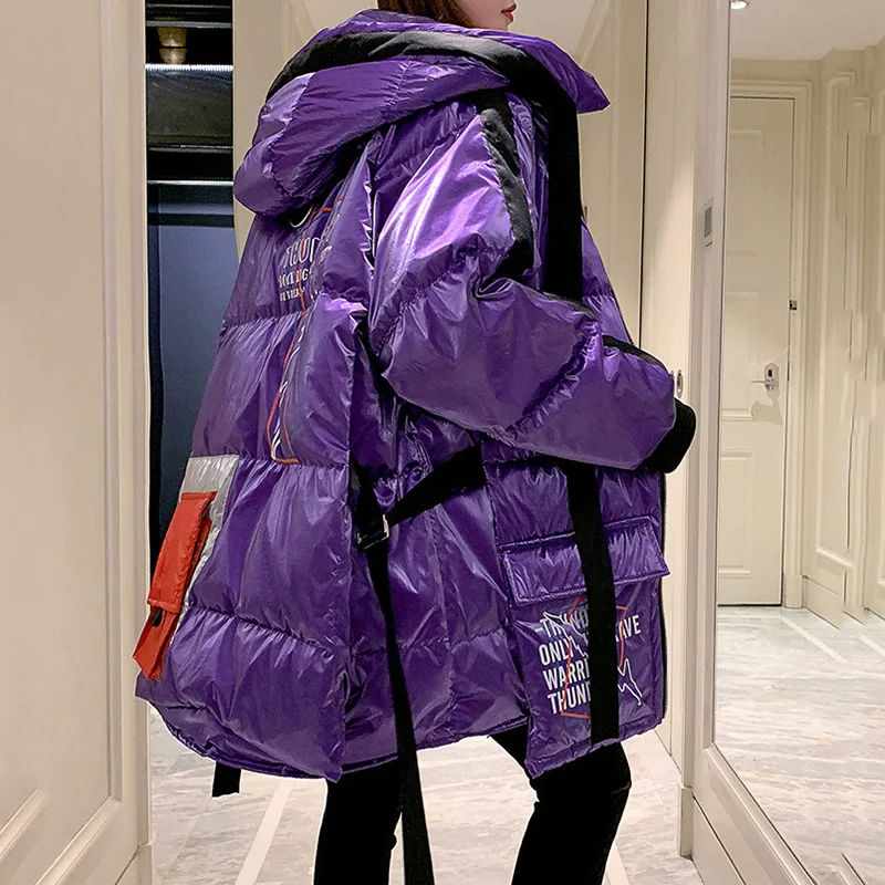 Winter Down Jacket Women Long Hit Color Striped Letter-print Warm Padded Parka Female Plus Size Winter Cotton Outwear