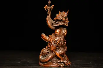 

6" China Lucky Seikos Boxwood Chinese dragon statue Dragon play bead wood carving Disaster avoidance Blessing