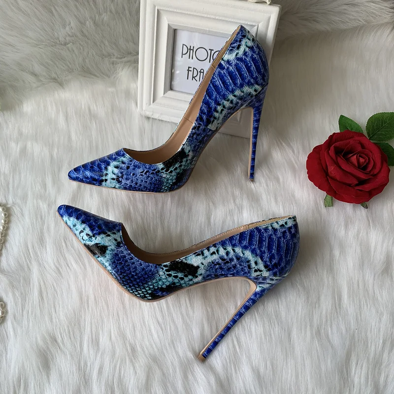 

wholesale Factory outlet custom made deep blue snake python pointed toe women lady evening 12cm high heel shoes pump size 10 12