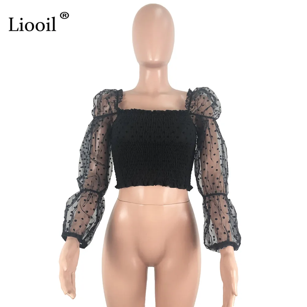 Liooil прозрачная сетчатая блузка в горошек, рубашка, короткий укороченный топ,, уличная одежда, сексуальный клубный пышный длинный рукав, черные женские топы и блузки