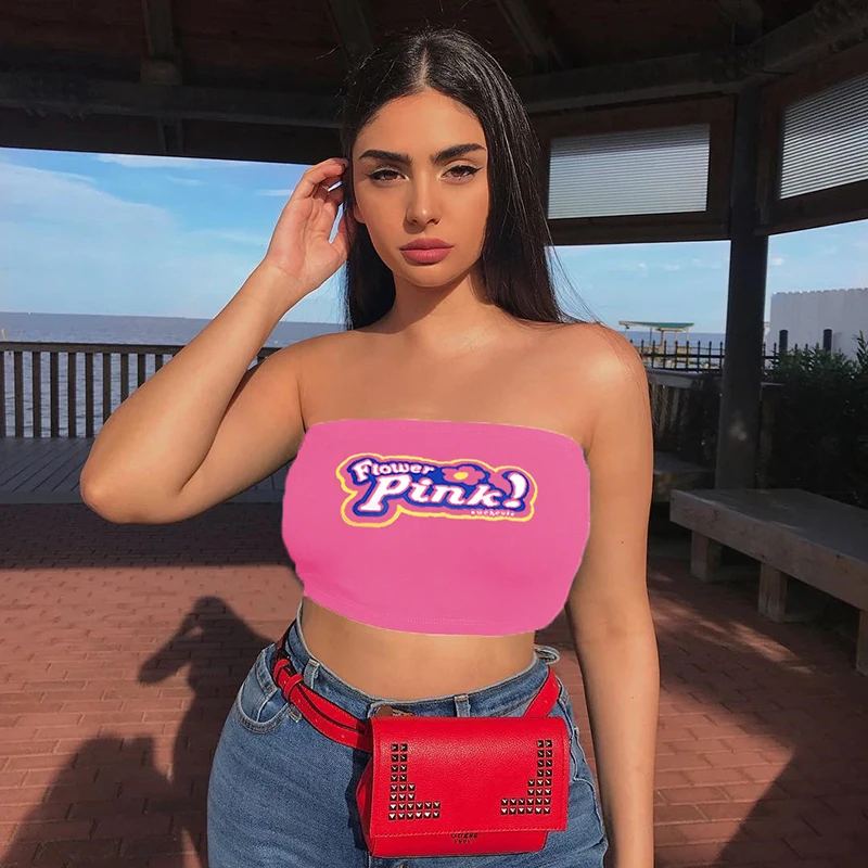 Женский укороченный топ с принтом розовый трикотажный Топ без бретелек уличная