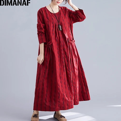Jing99960CN-hong DIMANAF женское платье большого размера зимнее винтажное элегантное женское платье Vestidos с принтом в клетку с длинным рукавом женская одежда Свободное длинное платье - Цвет: Jing99960CN-hong