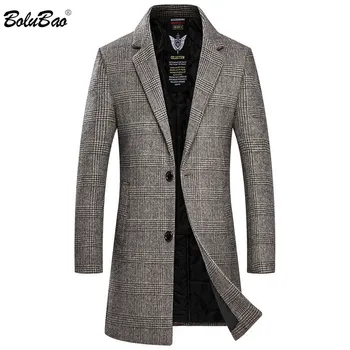 

BOLUBAO Men's Wool Blend Coat Version Spring Male Long Wool Blend Warm Fashion Plaid Print Coat Brand Men Wool Blends Coat