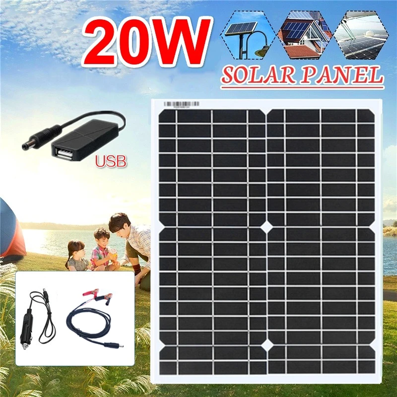 

20w 18v Flexible Solar Panel home kit Portable Waterproof Charger 5v usb for phone 12V Car Battery Camping Hiking Outdoor Light