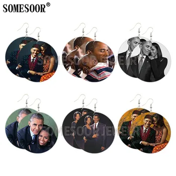 

SOMESOOR American Black Hero Family Arts Wooden Drop Earrings Great Woman Michelle Leaders Obama Printed Loops For Women Gifts