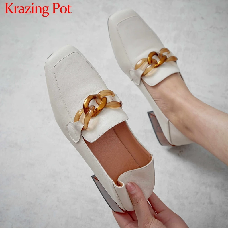 Krazing Pot/Элегантные лоферы из натуральной кожи для отдыха; женские удобные туфли-лодочки без застежки с квадратным носком на среднем каблуке, украшенные кристаллами; L3f4