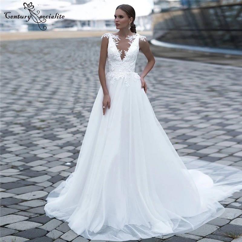 

White Boho Wedding Dresses Lace Appliques Sheer O-Neck Button Back African Bridal Gowns Plus Size Customized Vestido De Novia