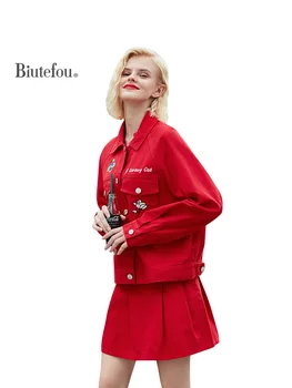 

2020 Autumn women's suit embroidery jackets+denim skirts two pieces