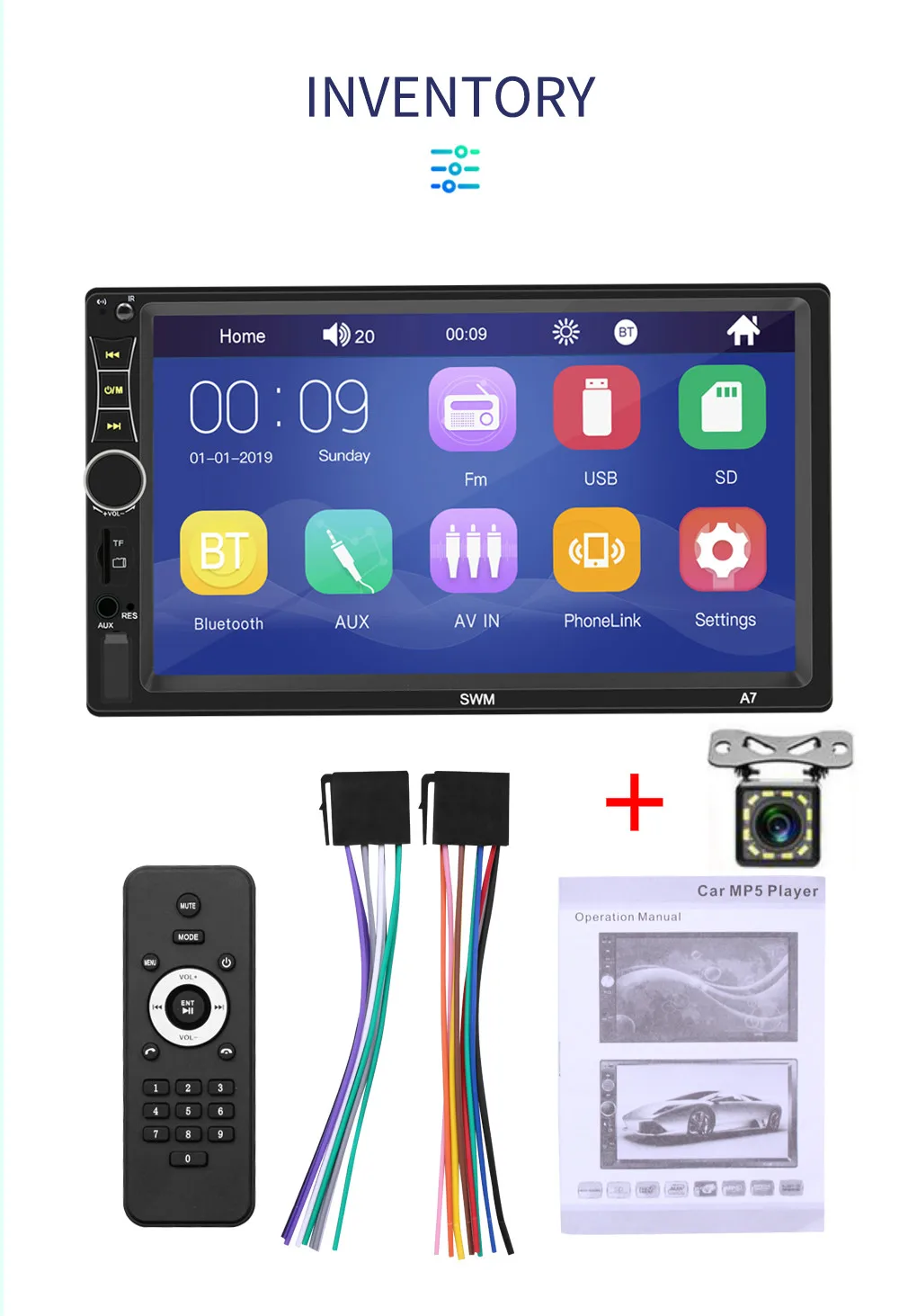 SWM A7 двойной 2 DIN стерео 7 дюймов сенсорный экран Bluetooth AUX U диск радио в тире головное устройство Авторадио - Цвет: with 12led cam