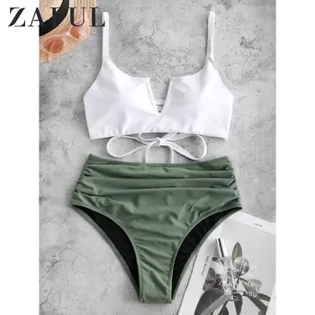 

ZAFUL Women V-Wired Lace Up Ruched Tankini Swimsuit High Waisted Straps Swimwear Removable Padded Ruched Bathing Suits Summer