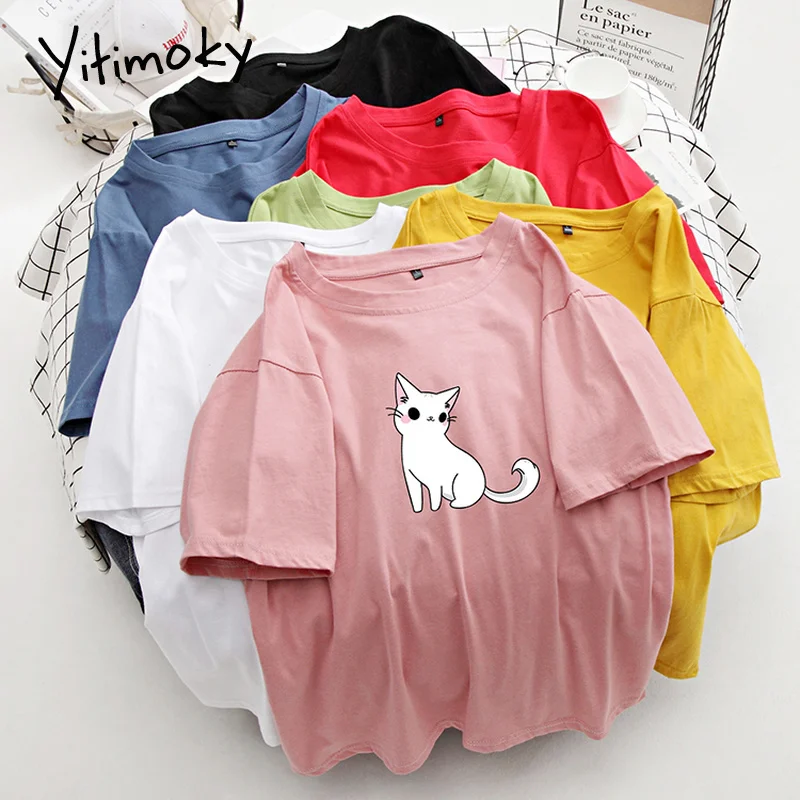 Футболка с милым принтом кота базовая футболка Женская Повседневная круглым