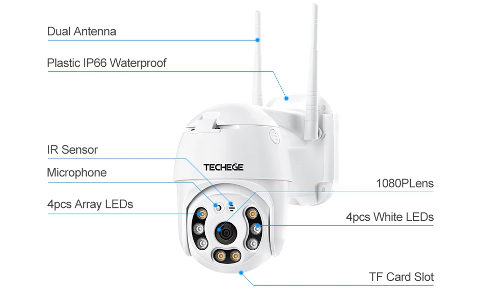 Techege H.265 1080P Wifi камера 2MP PTZ камера скоростная купольная ONVIF уличная беспроводная камера двухсторонняя аудио домашняя камера наблюдения