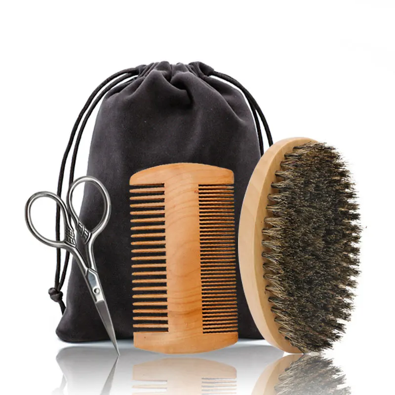 

3Pcs/set Beard Brush Kit Set Boar Bristle Shaving Brush Beard Wood Comb Mustache Scissor shaving set brosse barbe cepillo barba