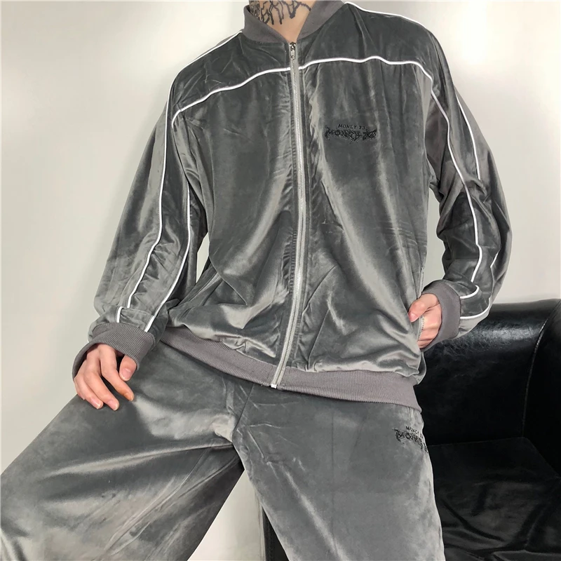 Комплекты из 2 предметов мужские модные бархатные куртки на молнии с вышивкой широкие прямые брюки с эластичной резинкой на талии хип-хоп уличные спортивные костюмы
