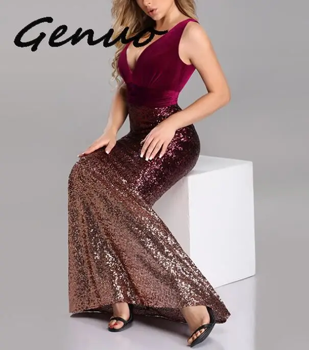 Genuo новинка 2019 расшитое блестками P rom платья с v образным вырезом на тонких