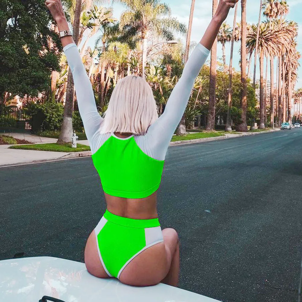 

ARXIPA Long Sleeve Bikini Set Mesh Women Swimsuit High Waist Swimwear Crop Top Bathing Suit Patchwork Sport Thong Neon Green New