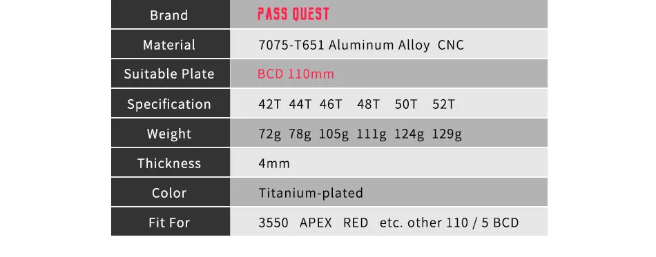 Pass Quest 110/5 BCD 110BCD покрытый титаном Овальный дорожный велосипед 42 T-52 T узкая широкая цепь велосипедная цепь для 3550 APEX