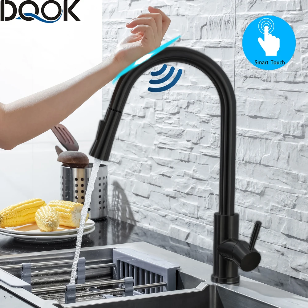 Dqok torneira da cozinha pull out escovado nickle sensor de aço inoxidável preto indução inteligente misturada toque controle pia