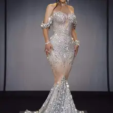 Женский танцевальный костюм, серебро, стразы, на день рождения, шоу, выпускной, празднование, наряд, бар, вечерняя певица, танцевальные платья, DS