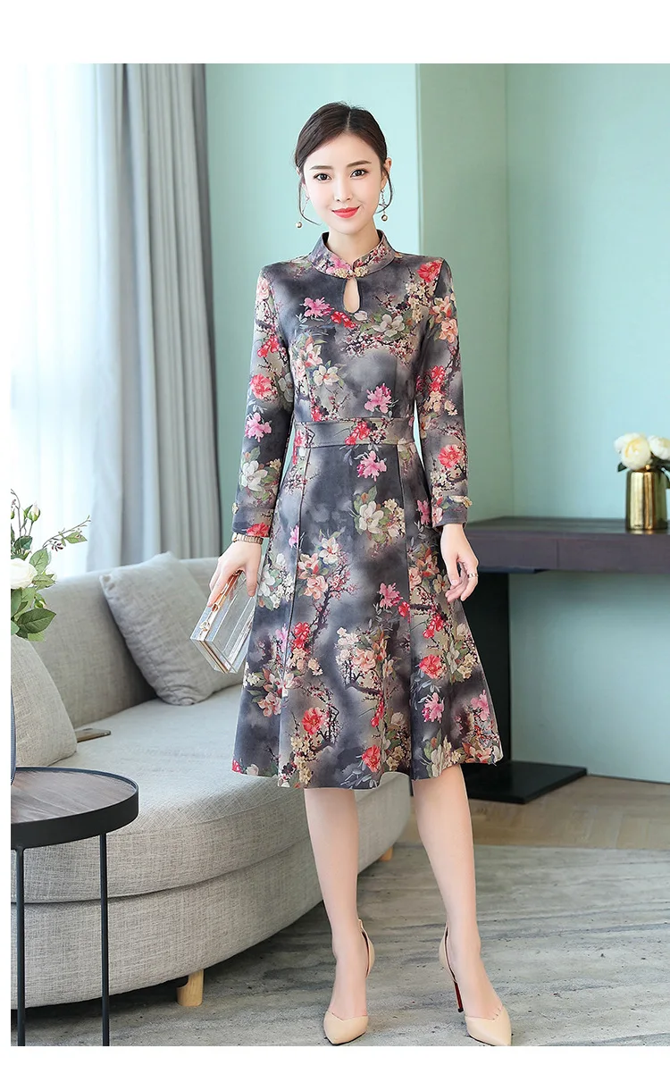 Оленья кожа бархат cheongsam платье осенняя одежда стиль женщин среднего возраста платье элегантный этнический стиль с длинным рукавом Mid-leng