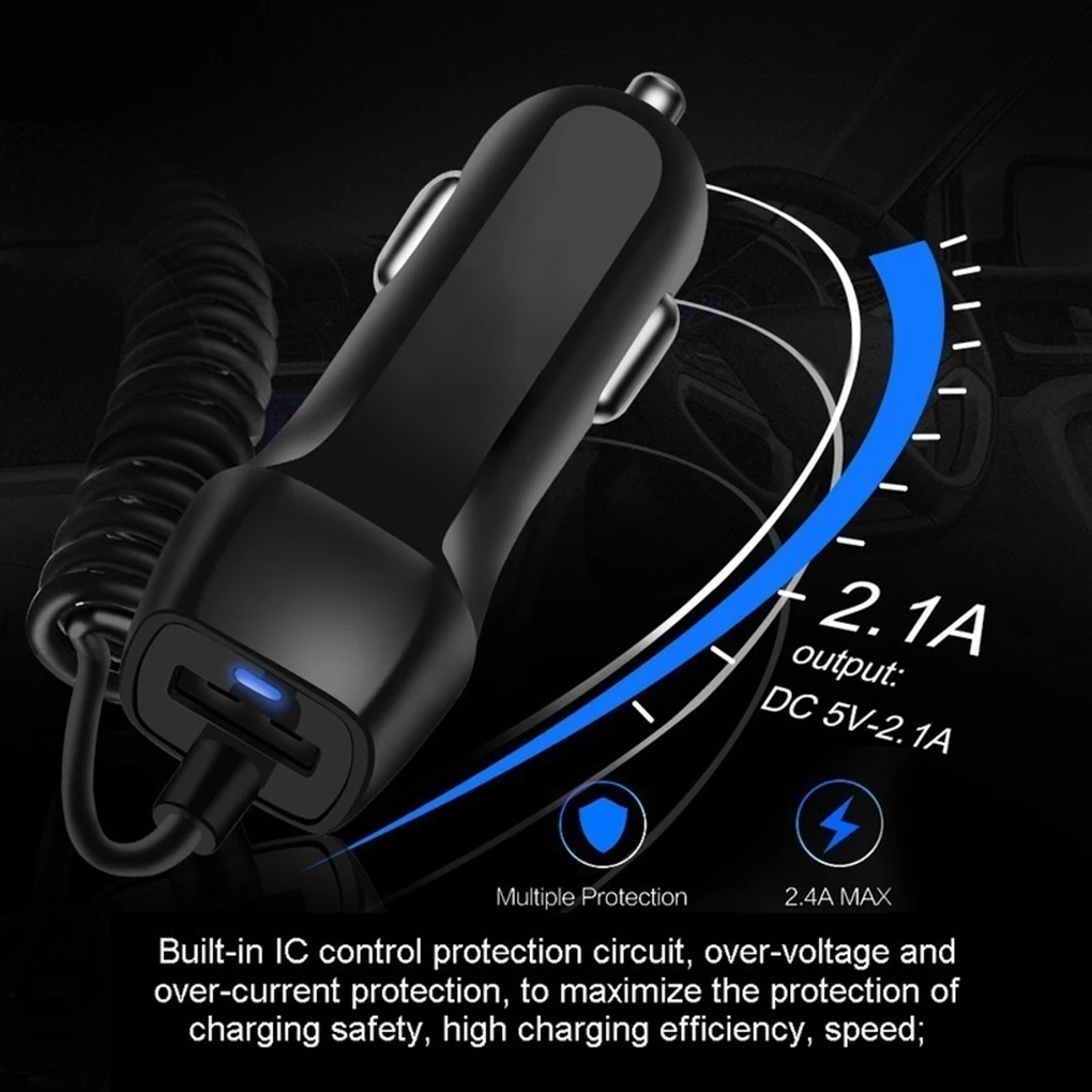 USB Car Charger With Spring USB Cable Cigarette Lighter Cable Micor USB Car Charger Type C Cable Black and White dual usb car charger