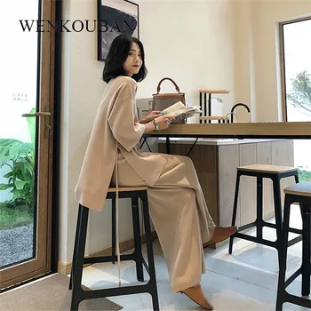

Two Piece Set Women Knitted Sweater Suit Winter V-neck Autumn Pullover Sweater Knit Women Tracksuit Pants Ladies Loose Suits