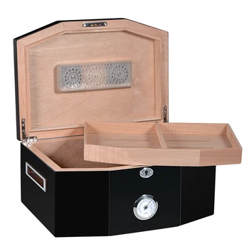 

2-Layers Cigar Cabinet with Metal Digital Hygrometer and Humidifier Black Large Cigar Box for Club