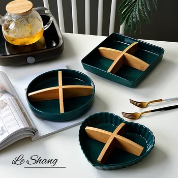 

Cross border supply of creative snacks grid plate emerald nut plate dry fruit ceramic plate candy fruit plate
