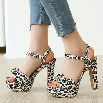 

2020 Women Summer Sandals Open Toe Square High Heel Leopard Print Shoes Women Sweet Bow Dress Shoes White Brown Blue
