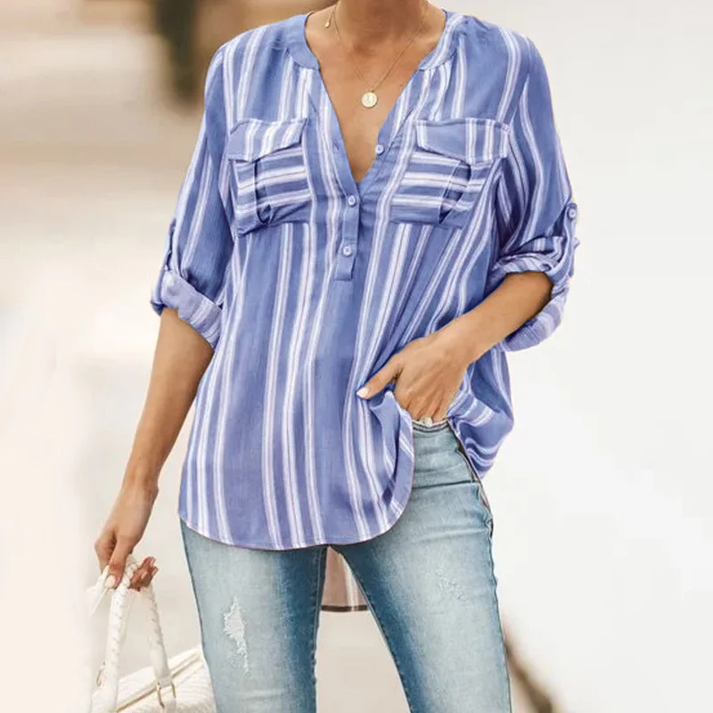 Женская блузка с v-образным вырезом и карманами Повседневная рубашка длинным