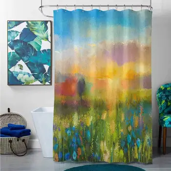 

Shower Curtains for Bathroom Cream Art,Dandelion Cornflower Daisy Blooms in The Meadow Field Before Sunset Spring Landscape,