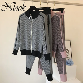

Nlook Color Patchwork Female Turtleneck Zipper Knitted Cardigans+Pants Two Piece Sets Striped Long Sleeve Knit Top Trouser Suit