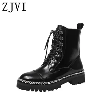 

ZJVI 2020 women sexy genuine leather ankle boots cross tied boots autumn winter woman chains shoes ladies black boots for girls