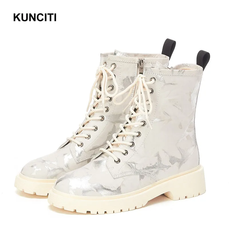 Beige KUNCITI/женские ботильоны на шнуровке; женская зимняя теплая обувь; сапоги с рисунком; женские Ботинки martin в европейском стиле; дизайн; D013 - Цвет: Beige