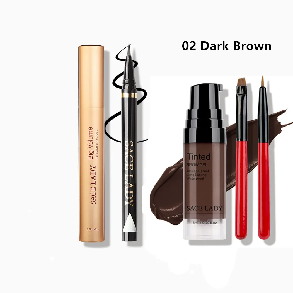 02 Dark Brown SACE LADY набор для макияжа глаз водостойкая Удлиняющая Тушь для ресниц стойкий карандаш для подводки глаз 6 цветов гель для бровей из хны ТИНТ с кисточкой - Цвет: 02 Dark Brown