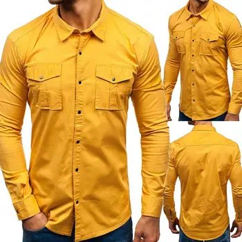 

2020 lowest price Casual Men Solid Color Turndown Collar Long Sleeve Blouse Top Button up Shirt