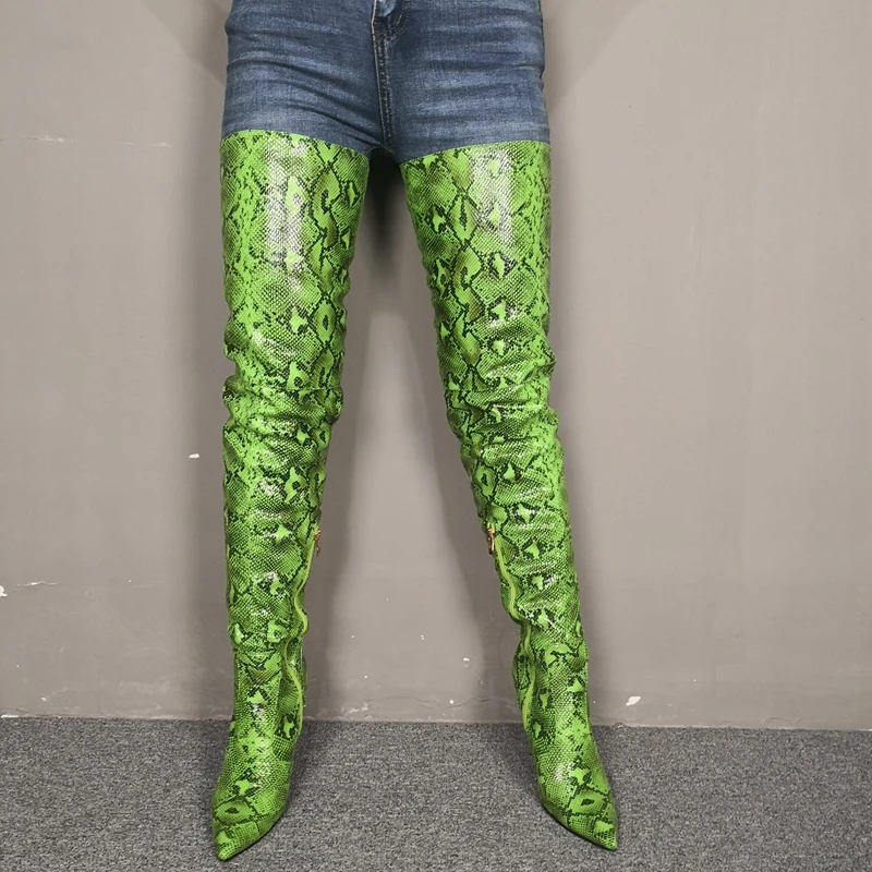 Г. Новые модные женские сапоги пикантные Сапоги выше колена на высоком каблуке с принтом змеи женская обувь осень-зима большие размеры 35-47