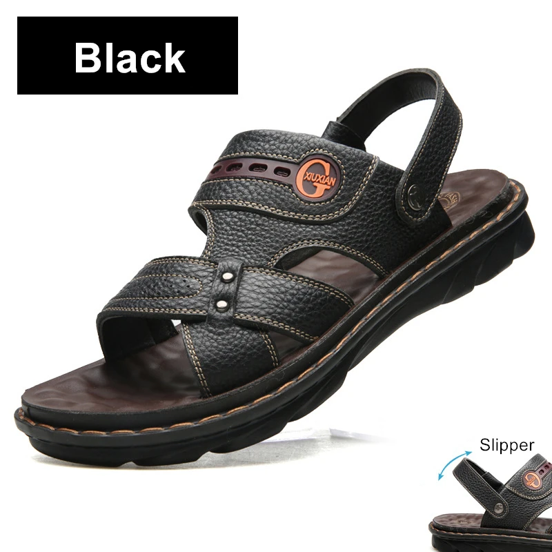 Летние сандалии; Мужская обувь из натуральной кожи; удобные мужские пляжные шлепанцы с регулируемой регулировкой; sandalias hombre; ; 774m - Цвет: Черный