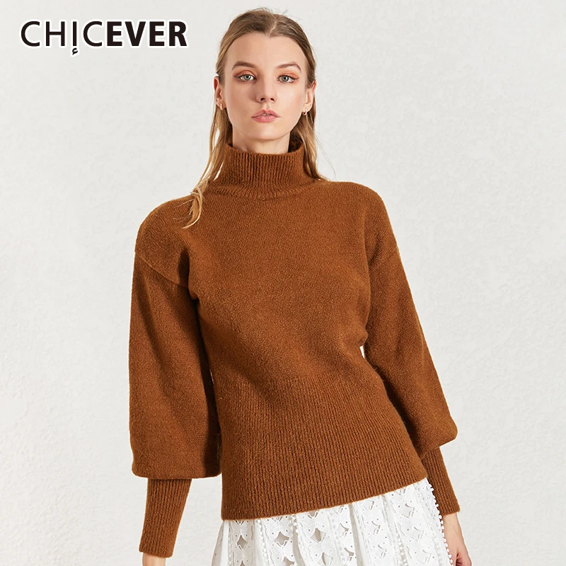 CHICEVER, корейский вязаный женский свитер, водолазка, рукав-фонарик ...